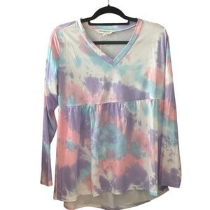 Davi & Dani Women's Tie Dye V-Neck Long Sleeve Top Size L Multicolor